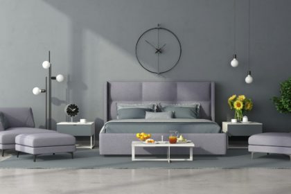 Minimalist master bedroom with lilac furniture