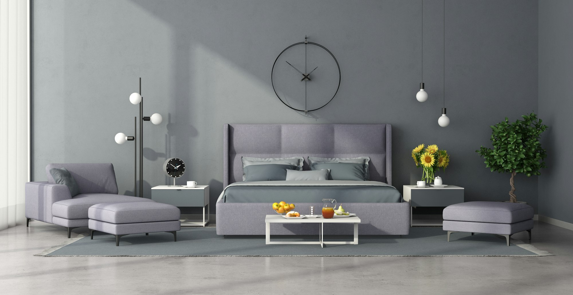 Minimalist master bedroom with lilac furniture