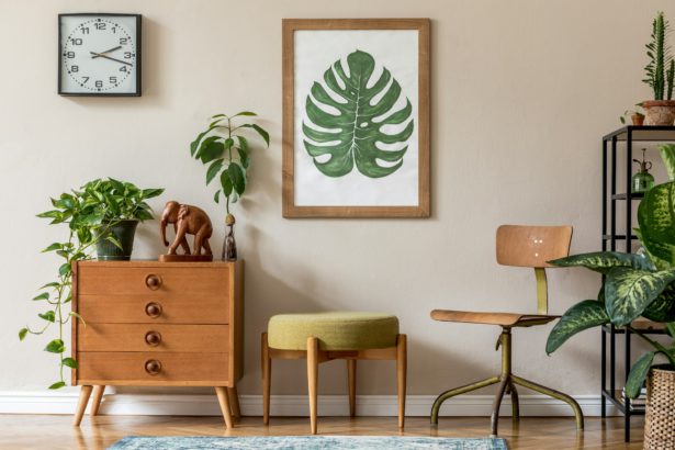 Vintage interior design of living room with design retro furnitures.